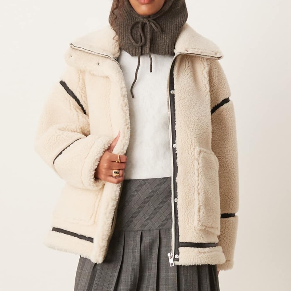 ASOS DESIGN borg outer aviator jacket in cream